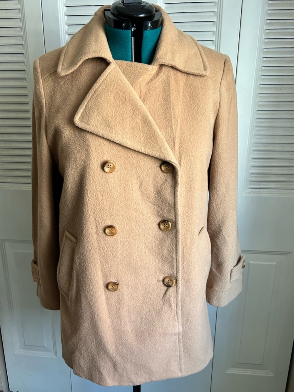 Talbots Camel Wool Blend Peacoat Double Breasted Coat Sz 12 Classic Wool Jacket